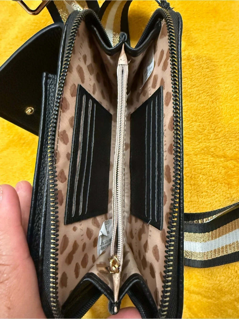 N.D. V.? Black Leather Crossbody Card & Key Holder with Striped Strap
